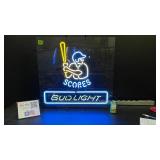 Bud Light neon baseball player at bat, "SCORES"