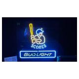 Bud Light neon baseball player at bat, "SCORES"
