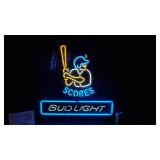 Bud Light neon baseball player at bat, "SCORES"