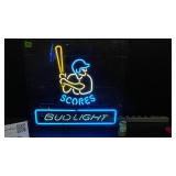 Bud Light neon baseball player at bat, "SCORES"