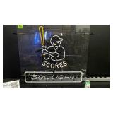Bud Light neon baseball player at bat, "SCORES"