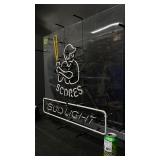Bud Light neon baseball player at bat, "SCORES"
