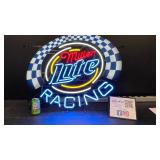 Miller Lite Racing neon sign with checkerboard background