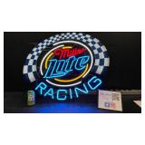 Miller Lite Racing neon sign with checkerboard background