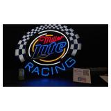 Miller Lite Racing neon sign with checkerboard background