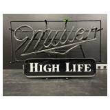 Miller High Life, double-stroke neon sign with backlit panel