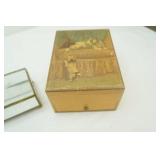 Vintage Wooden & Glass Jewelry Box, vintage dresser jewelry mirror, padded organizing tray