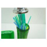 Vintage Emerald Green Glass Straw Dispenser and square plate