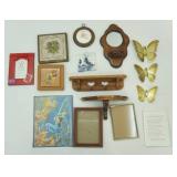 Vintage Wall Decor: Framed Tiles, Porcelain Wall Plaque, Brass Butterfly