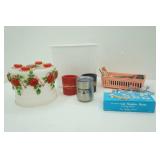 Small Housewares. Waste basket, Tacks, 2 Flashlights, Ceramic Cat Napkin Rings, Organizing Basket, Can Koozies