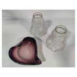 Heart Shaped Art Glass Bowl & Two Glass Shades