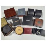 Lot of Empty Watch Boxes, Coaster Set & Three Travel Clocks