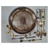 Silver Plated Platter & Asst Spoons