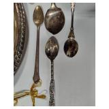 Silver Plated Platter & Asst Spoons