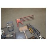 Assorted Tools - Axe, Hammers, Sockets, Caulk Gun