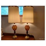Matching Amber Glass 35" Lamps w/ Embroidered Shades