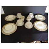 Fire King Swirl Milk Glass w/ Gold Trim, Setting of 4 w/ Cream + Sugar