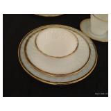 Fire King Swirl Milk Glass w/ Gold Trim, Setting of 4 w/ Cream + Sugar