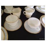 Fire King Swirl Milk Glass w/ Gold Trim, Setting of 4 w/ Cream + Sugar