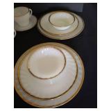 Fire King Swirl Milk Glass w/ Gold Trim, Setting of 4 w/ Cream + Sugar