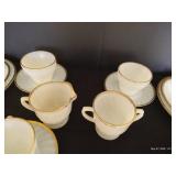 Fire King Swirl Milk Glass w/ Gold Trim, Setting of 4 w/ Cream + Sugar