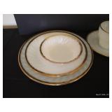 Fire King Swirl Milk Glass w/ Gold Trim, Setting of 4 w/ Cream + Sugar