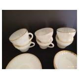 Fire King Swirl Milk Glass w/ Gold Trim Serving Dishes & Extra Cups/ Saucers