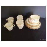 Fire King Swirl Milk Glass w/ Gold Trim, Setting of 4 w/ Cream + Sugar