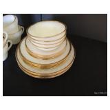 Fire King Swirl Milk Glass w/ Gold Trim, Setting of 4 w/ Cream + Sugar