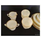 Fire King Swirl Milk Glass w/ Gold Trim, Setting of 4 w/ Cream + Sugar