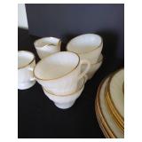 Fire King Swirl Milk Glass w/ Gold Trim, Setting of 4 w/ Cream + Sugar