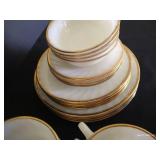 Fire King Swirl Milk Glass w/ Gold Trim, Setting of 4 w/ Cream + Sugar