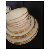 Fire King Swirl Milk Glass w/ Gold Trim, Setting of 4 w/ Cream + Sugar