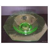 11" Uranium Green Depression Glass Pedestal Bowl