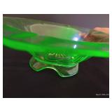 11" Uranium Green Depression Glass Pedestal Bowl