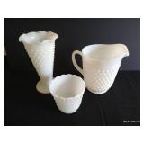 (3) Hobnail Milk Glass Vases & Pitcher