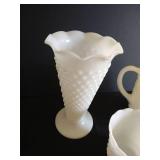 (3) Hobnail Milk Glass Vases & Pitcher