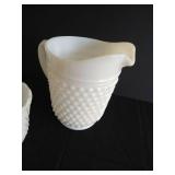 (3) Hobnail Milk Glass Vases & Pitcher