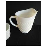 (3) Hobnail Milk Glass Vases & Pitcher
