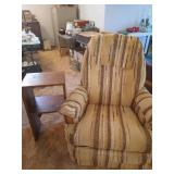 Clean Upholstered Chair in Creams, Yellows & Browns w/ Wood Shelf