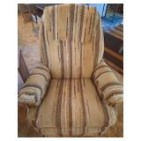 Clean Upholstered Chair in Creams, Yellows & Browns w/ Wood Shelf