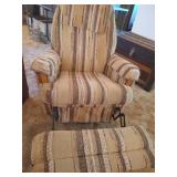 Clean Upholstered Chair in Creams, Yellows & Browns w/ Wood Shelf