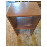 Clean Upholstered Chair in Creams, Yellows & Browns w/ Wood Shelf