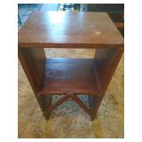Clean Upholstered Chair in Creams, Yellows & Browns w/ Wood Shelf