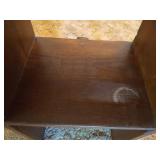 Clean Upholstered Chair in Creams, Yellows & Browns w/ Wood Shelf