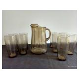 Smokey Wheat Pattern Glass Pitcher w/ Matching Glasses