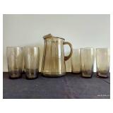 Smokey Wheat Pattern Glass Pitcher w/ Matching Glasses