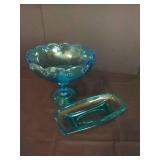 Indiana Glass Garland Teardrop Aqua Compote Fruit Bowl & Vintage Hazel Atlas Blue Colony Dish