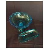 Indiana Glass Garland Teardrop Aqua Compote Fruit Bowl & Vintage Hazel Atlas Blue Colony Dish