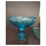Indiana Glass Garland Teardrop Aqua Compote Fruit Bowl & Vintage Hazel Atlas Blue Colony Dish